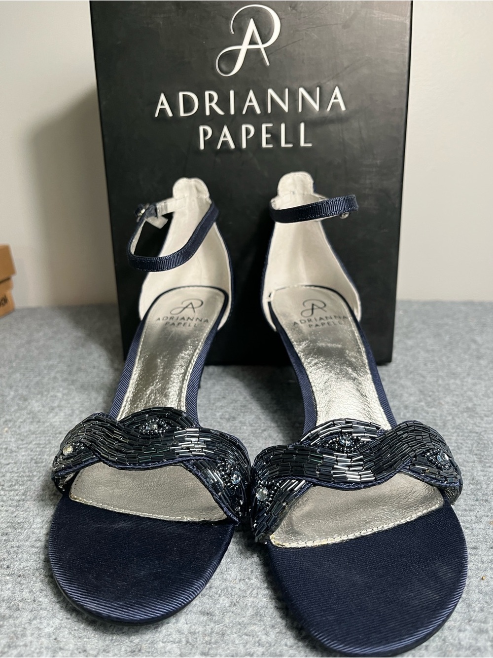 Adrianna Papell Navy Beaded Ankle-Strap Sandals